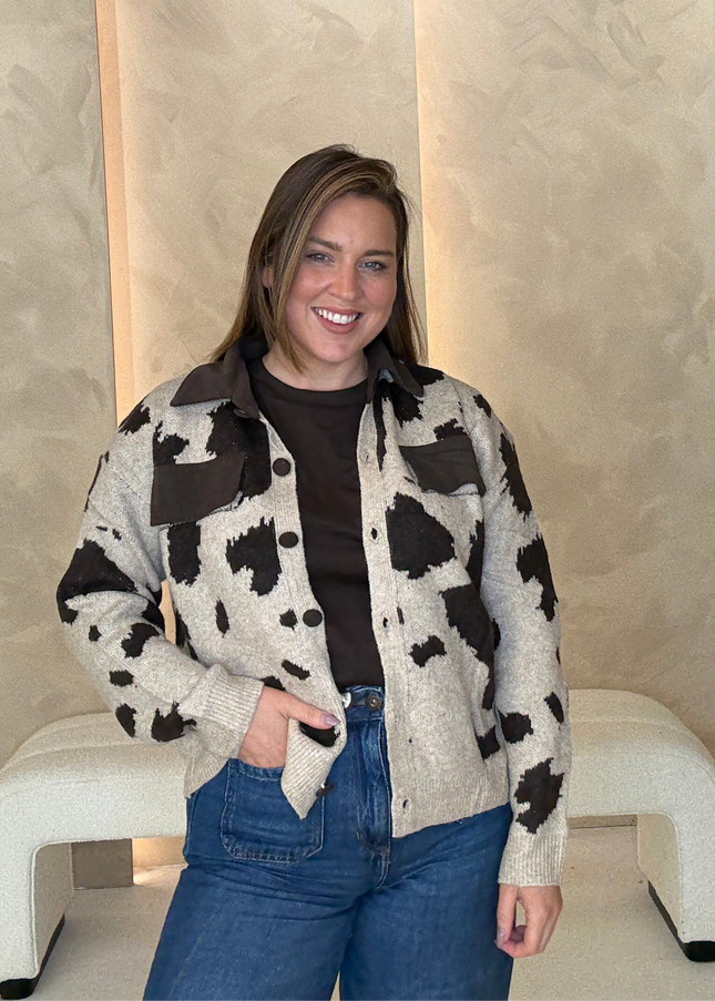 Cow Print Collar Cardigan - Brown/Cream