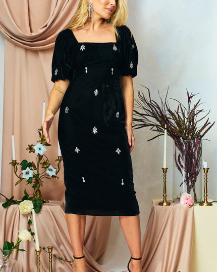 Bettina Embellished Velvet Midi Dress - Black