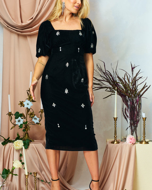 Bettina Embellished Velvet Midi Dress - Black