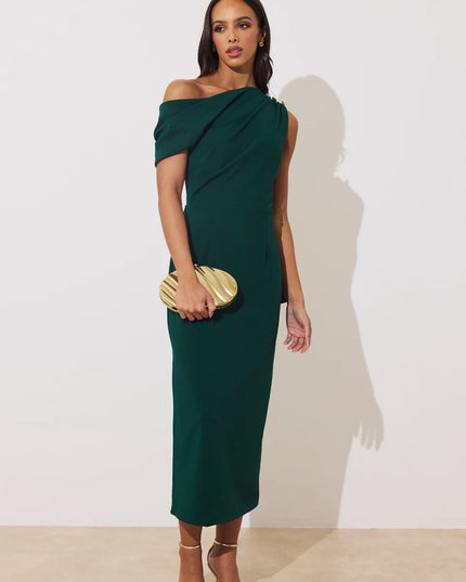 Eleni Drape Midi Dress - Forest Green