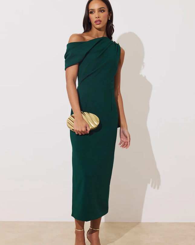 Eleni Drape Midi Dress - Forest Green
