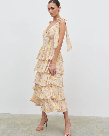 Fiore Tie Ruffle Midaxi Dress - Ditsy Floral