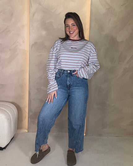 Guess Jeans Stripe Relaxed Tee - Burgundy/Blue