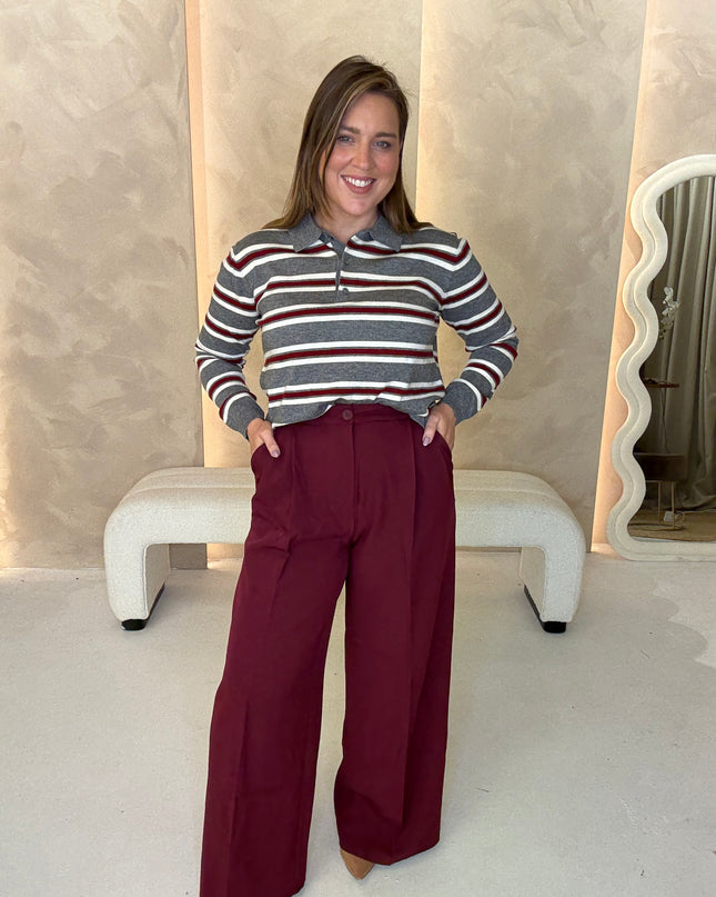Wide Leg Tailored Trouser - Burgundy