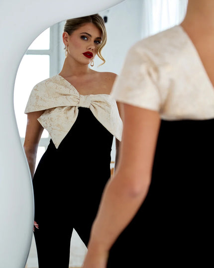 Baroque Velvet Bow Jumpsuit - Black/Gold