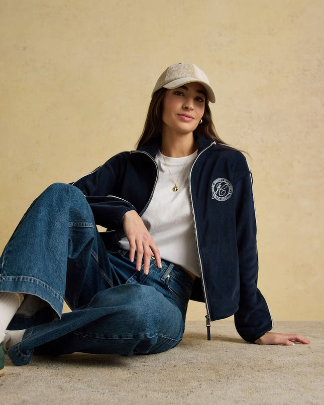 Embroidered Full Zip Funnel Neck Fleece - Navy