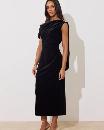 Eleni Drape Midi Dress - Black Velvet