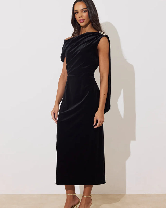Eleni Drape Midi Dress - Black Velvet