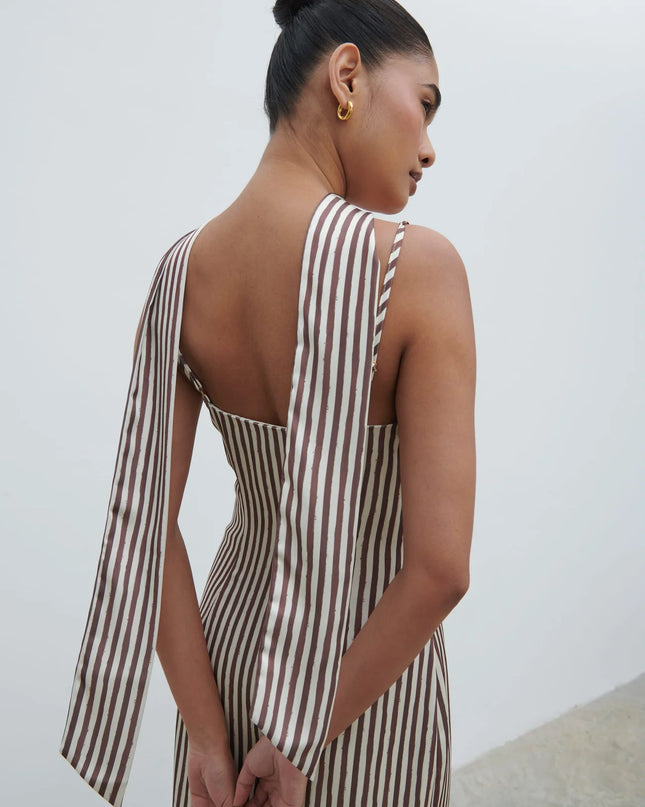 Serita V Neck Tiered Maxi Dress - Brown and Cream Stripe