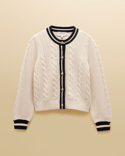 Crew Neck Cable Knit Cardigan - Cream/Navy