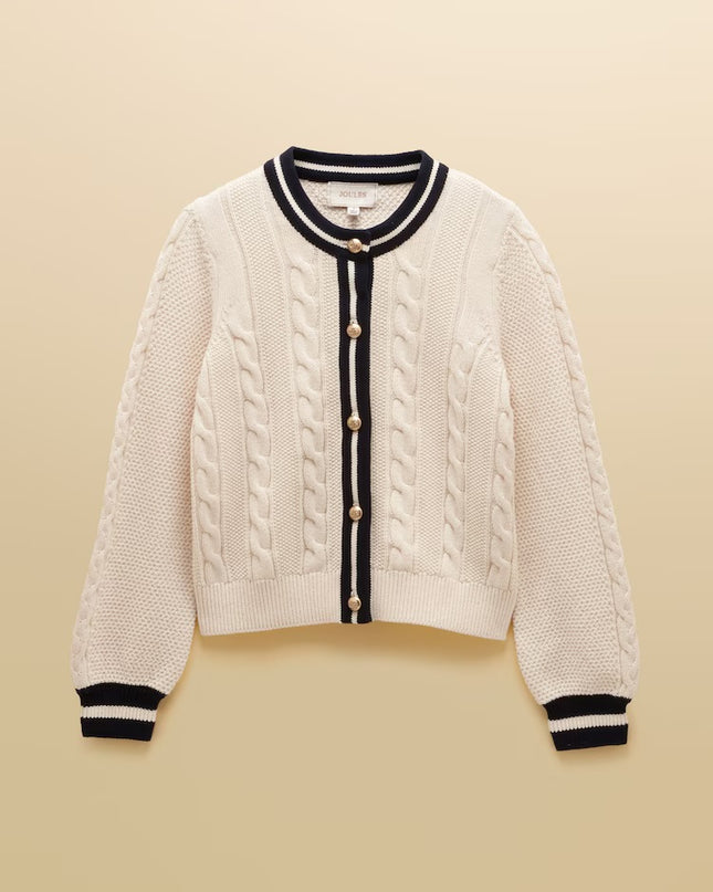 Crew Neck Cable Knit Cardigan - Cream/Navy