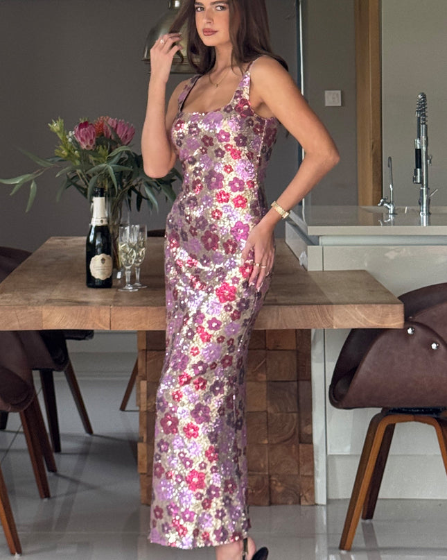 Lisbon Square Neck Midi Dress - Pink & Gold Sequin