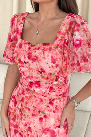 Heidi Floral Burnout Ruched Midi Dress - Pink