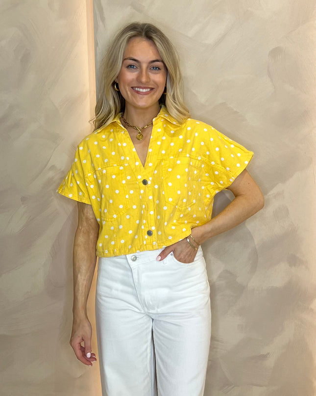 Polka Dot Crop Denim Shirt - Yellow
