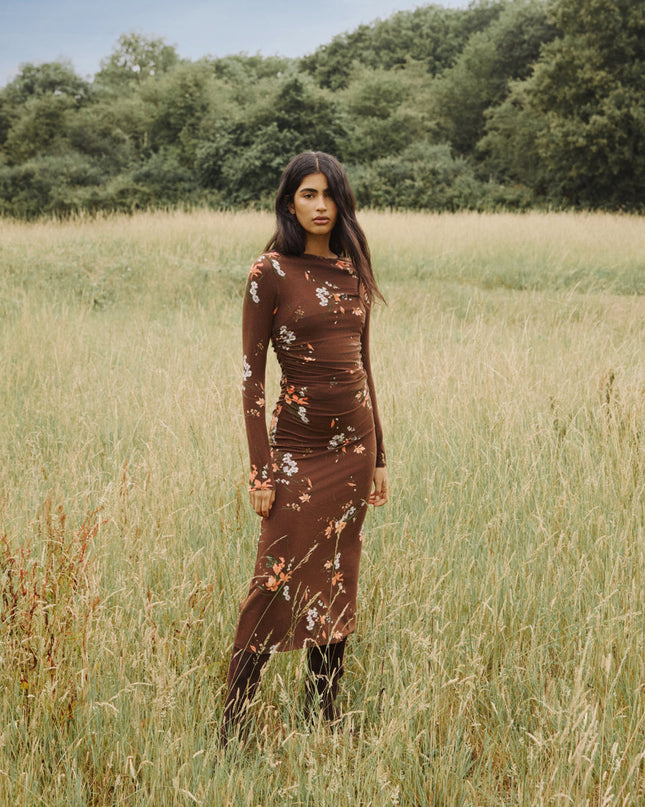 Laurella Jersey Draped Midi Dress - Brown Floral