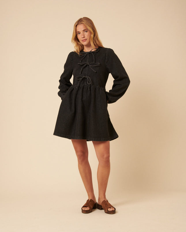 Tie Front Eden Mini Dress Petite - Black Denim