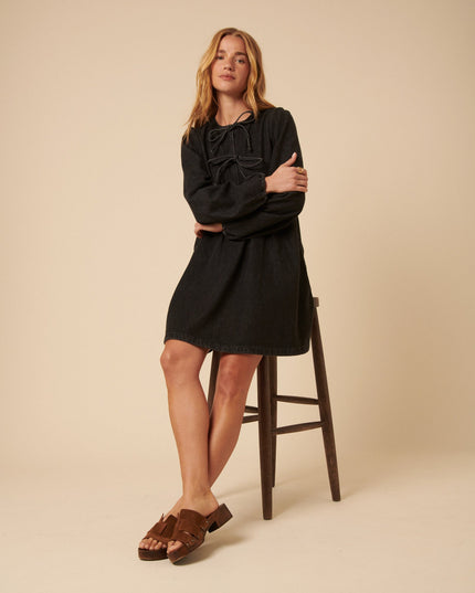 Tie Front Eden Mini Dress Petite - Black Denim