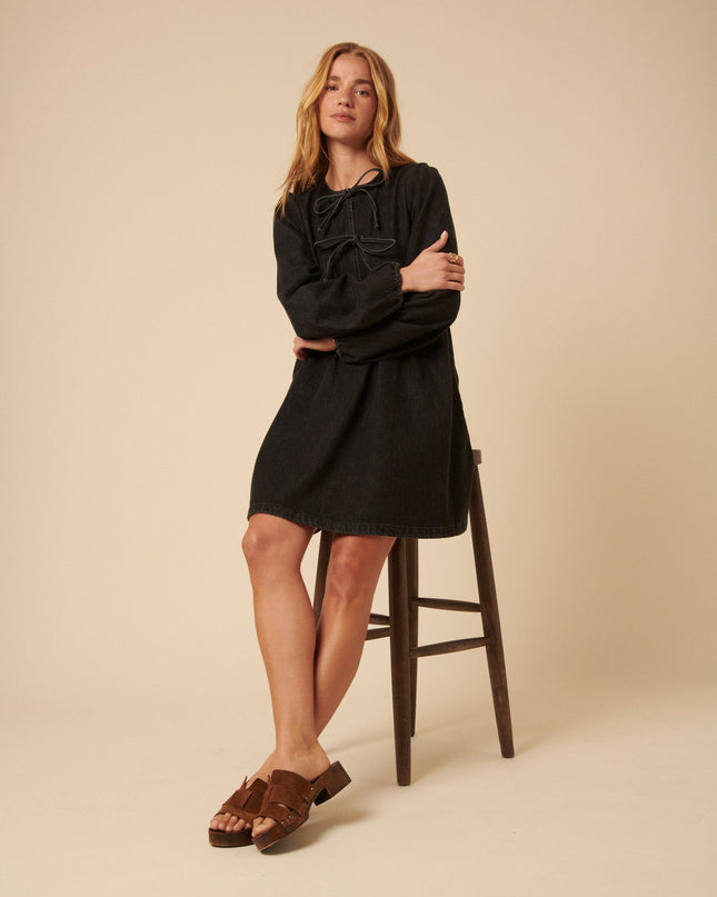 Tie Front Eden Mini Dress Petite - Black Denim