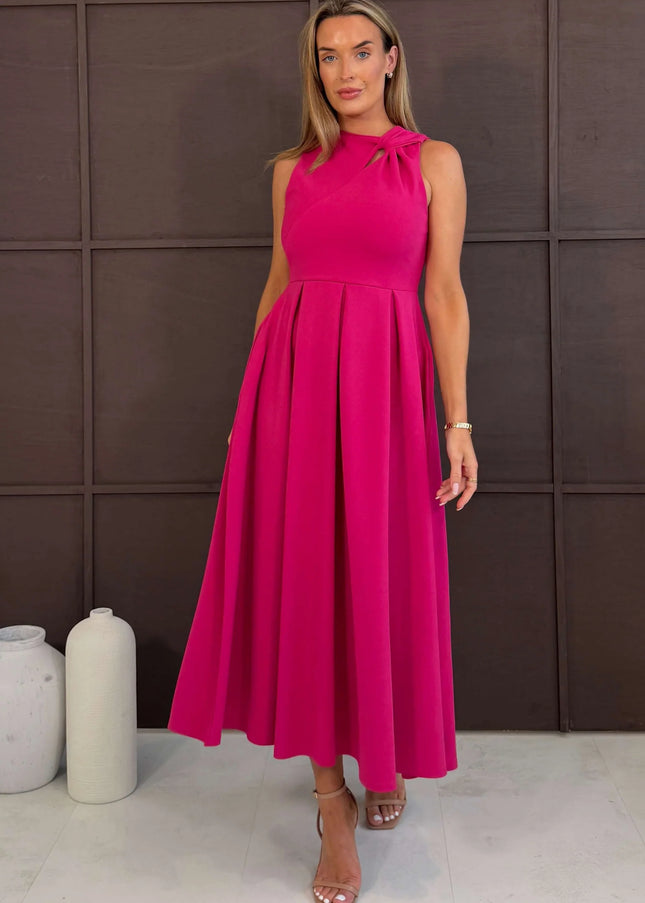Anastasia Knot Detail Midi Dress - Hot Pink