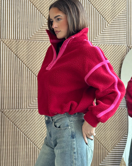 Lulu Contrast Binding 1/4 Zip Fleece - Red/Pink