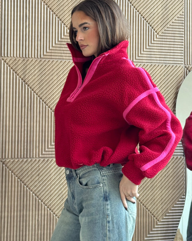 Lulu Contrast Binding 1/4 Zip Fleece - Red/Pink