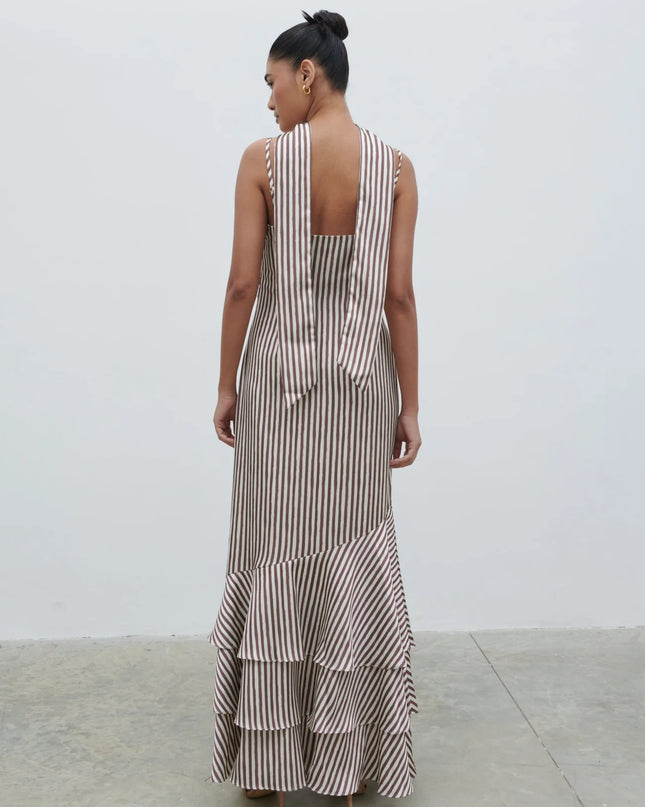 Serita V Neck Tiered Maxi Dress - Brown and Cream Stripe
