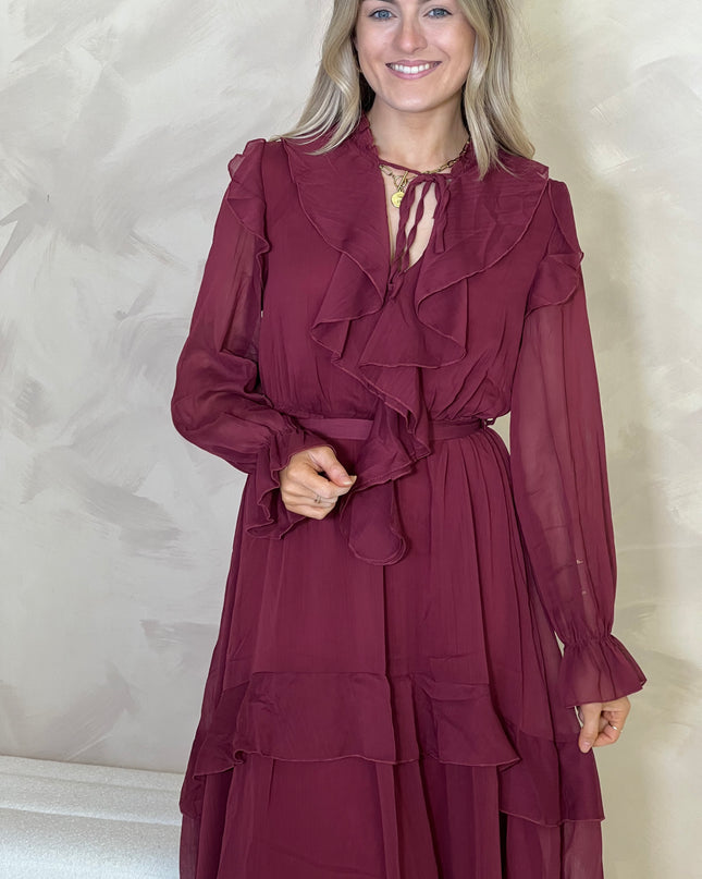 Frill Midi Dress - Burgundy