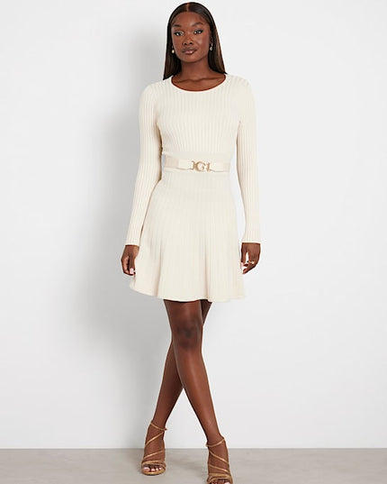 Guess Paige Pleated Mini Sweater Dress - Cream