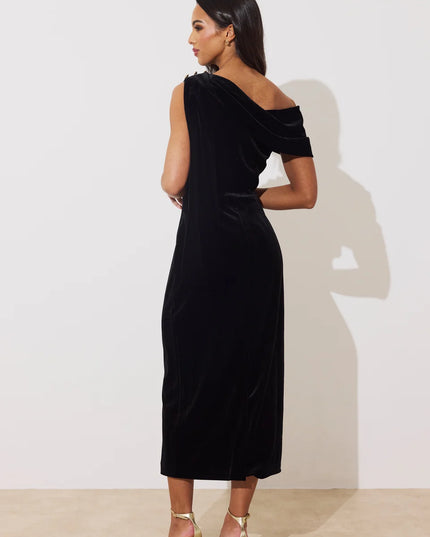 Eleni Drape Midi Dress - Black Velvet