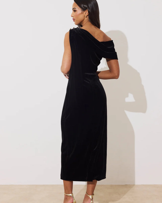 Eleni Drape Midi Dress - Black Velvet