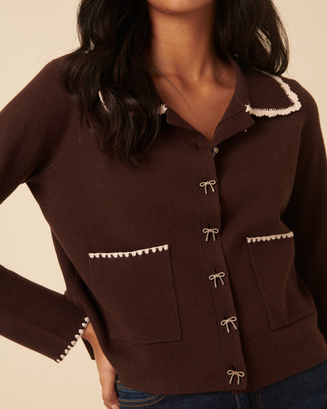 Crochet Collar Bow Button Cardigan - Brown