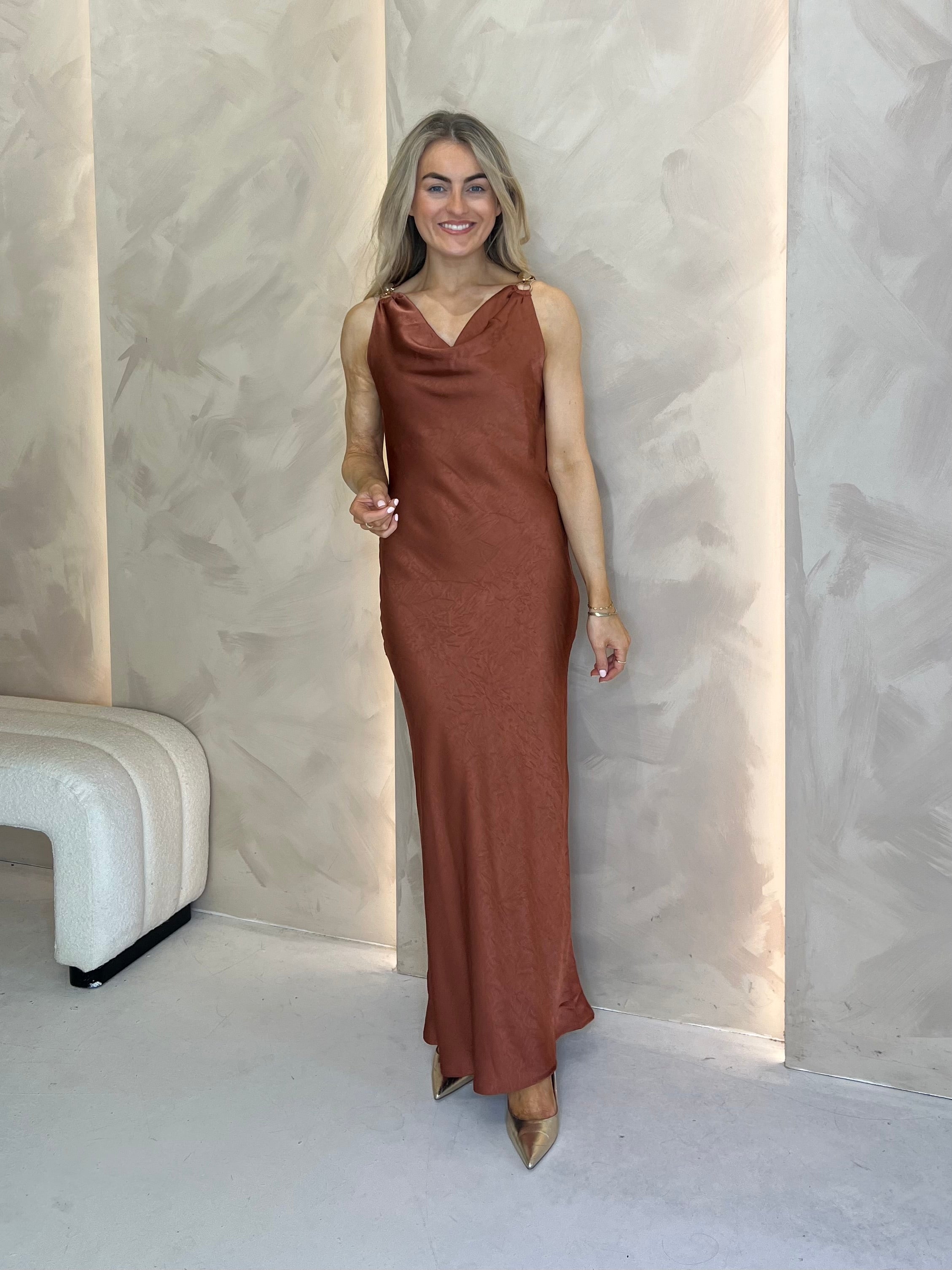 rust cowl neck satin dress Natalie Satin Cowl Neck Midi Dress