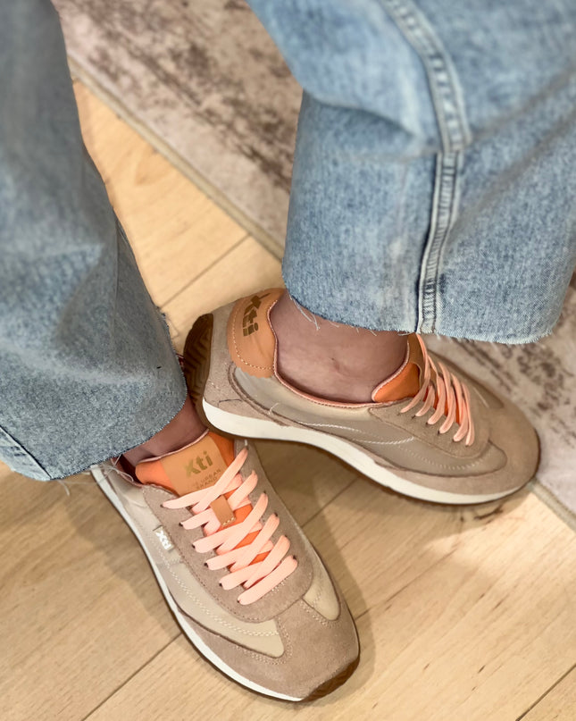 Mixed Textile Sneaker - Beige/Coral