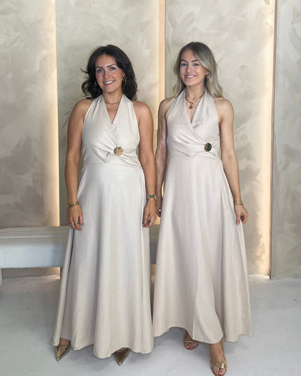 Halter Dress with Brooch Detail - Beige