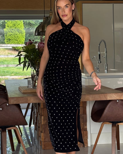 Bessie Halter Neck Side Split Midi Dress Beaded Velvet - Black