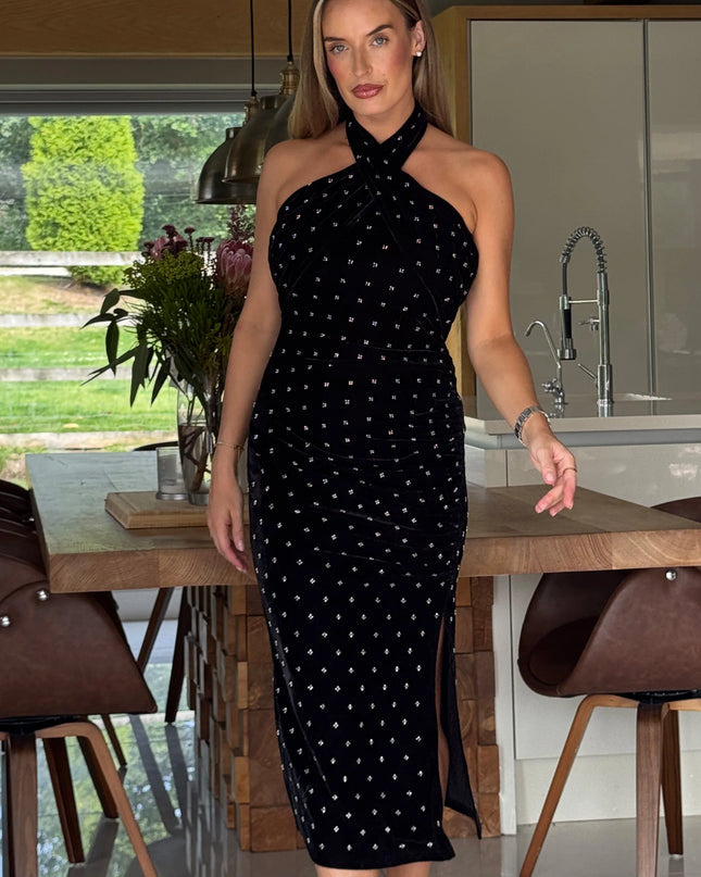 Bessie Halter Neck Side Split Midi Dress Beaded Velvet - Black