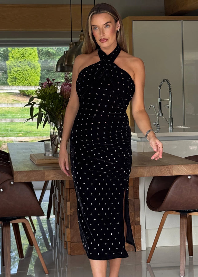 Bessie Halter Neck Side Split Midi Dress Beaded Velvet - Black