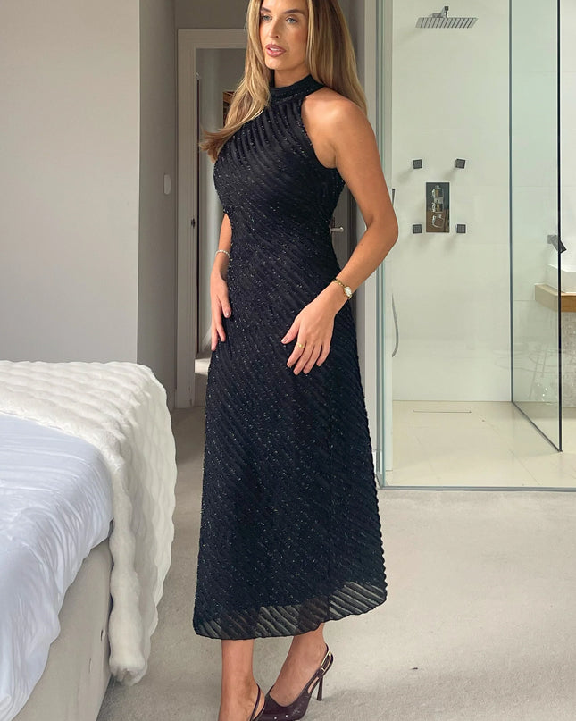 Mira Halterneck Shimmer Midi Dress - Black