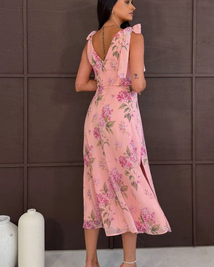 Beverly Floral Tie Shoulder Midi Dress - Pink