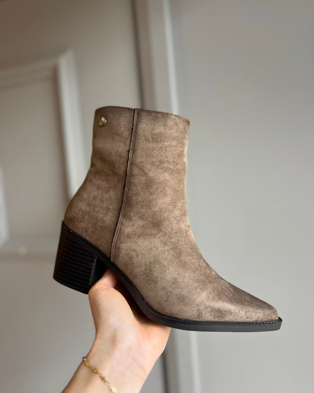 Suede Heel Ankle Boot - Taupe