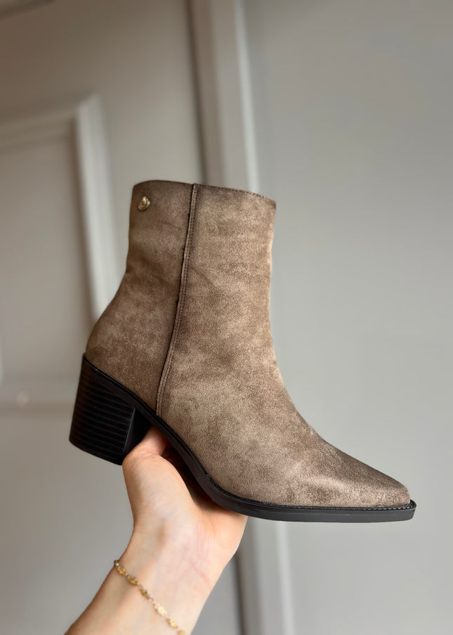 Suede Heel Ankle Boot - Taupe