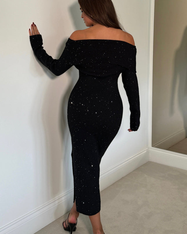 Brea Knitted Sequin Bardot Midi Dress - Black