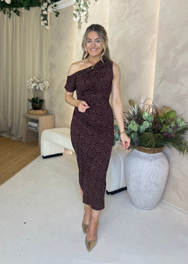 Donna Asymmetric Neckline Midi Dress - Brown Spot