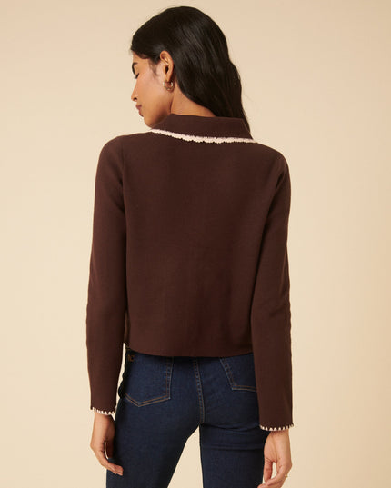 Crochet Collar Bow Button Cardigan - Brown