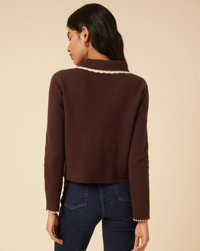 Crochet Collar Bow Button Cardigan - Brown