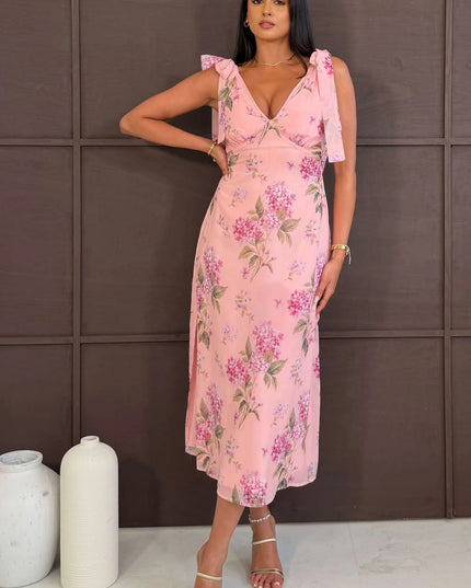 Beverly Floral Tie Shoulder Midi Dress - Pink