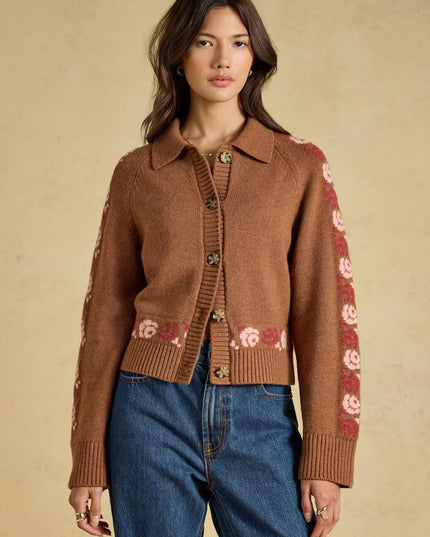 Joules Embroidered Cowboy Tan Knitted Cardigan - Brown