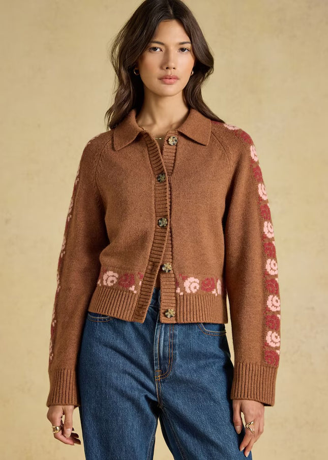 Joules Embroidered Cowboy Tan Knitted Cardigan - Brown
