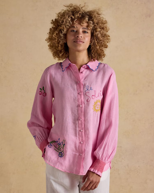 Orla Embroidered Icons Linen Shirt - Pink