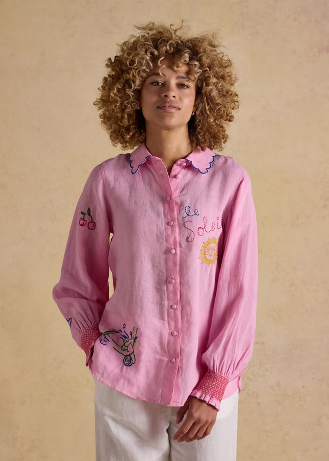 Orla Embroidered Icons Linen Shirt - Pink